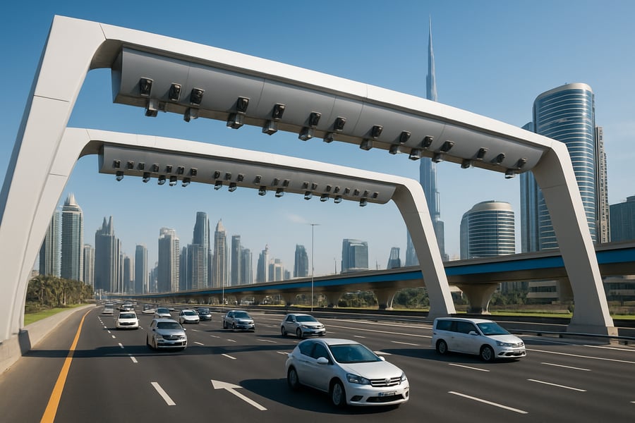 Dubai highway with modern toll gantries