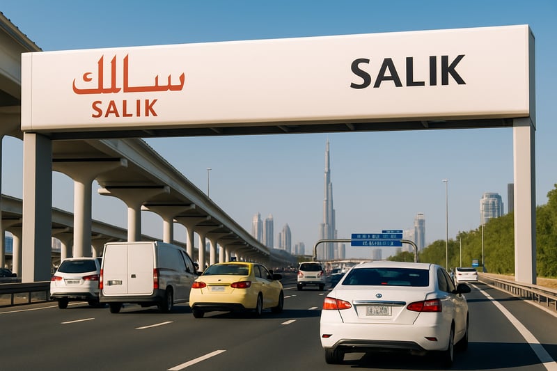 Dubai toll road system with vehicles passing through a Salik gate