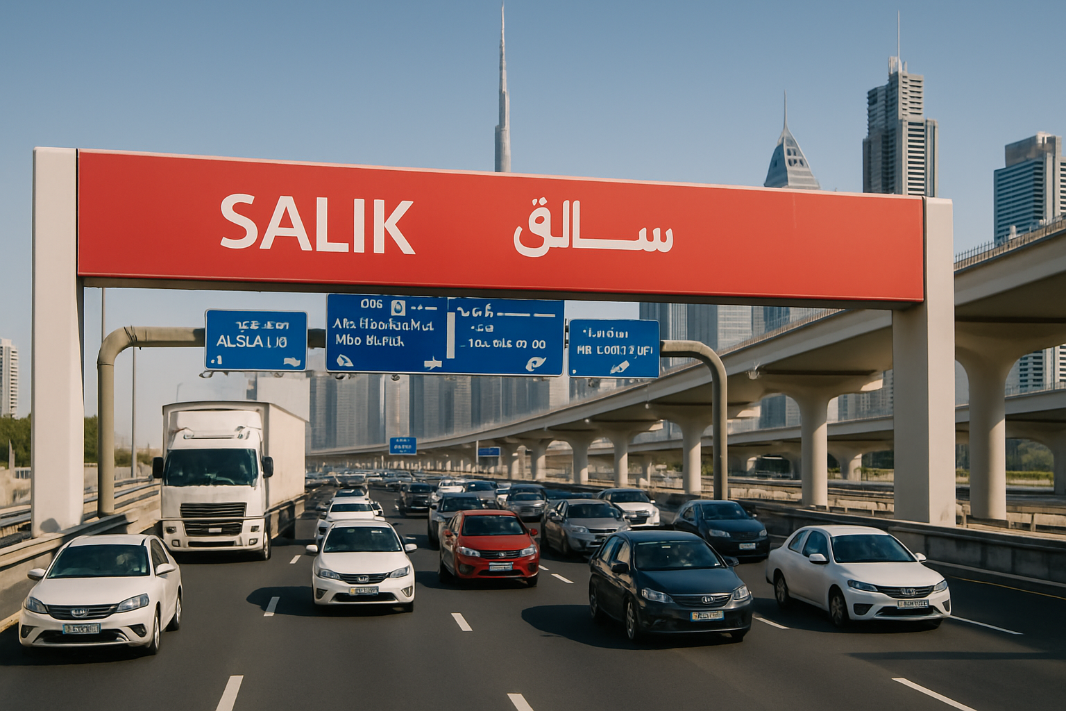 Salik toll gate on a busy Dubai highway